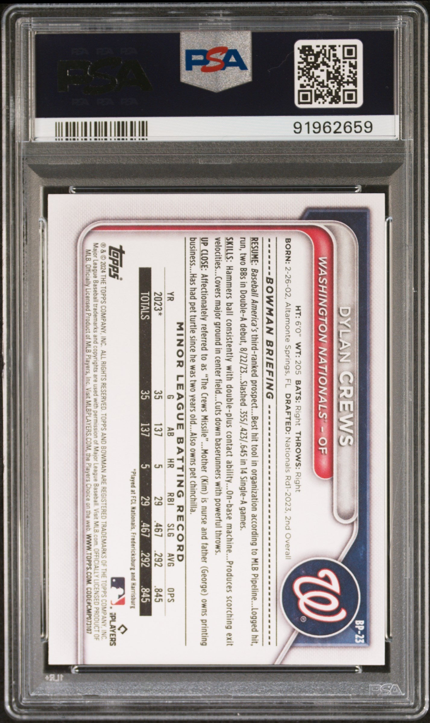 Graded 2024 Topps Bowman Dylan Crews #BP23 Paper Prospects Rookie RC Baseball Card PSA 10 Gem Mint