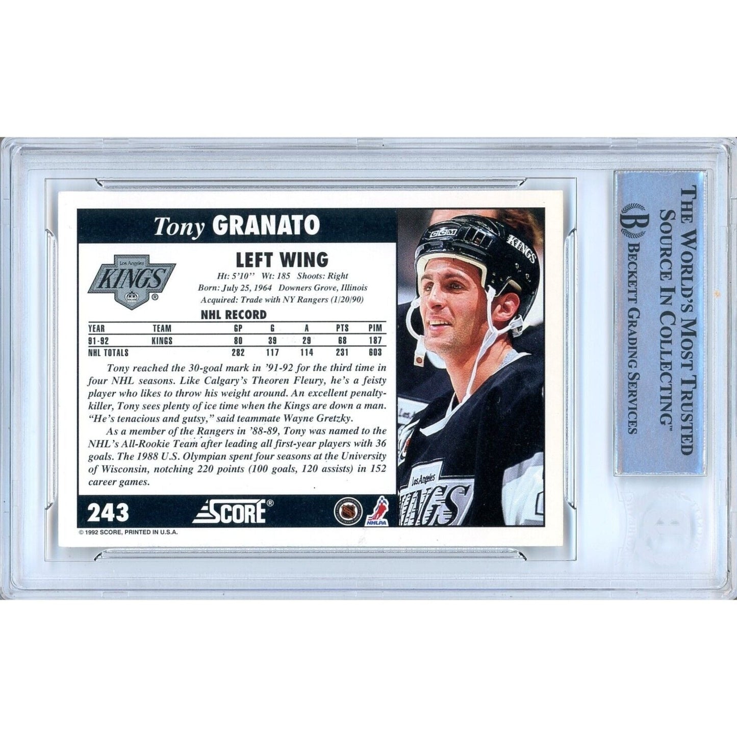 Tony Granato Los Angeles Kings Signed 1992-93 Score Hockey Card Beckett Auth Auto Slab