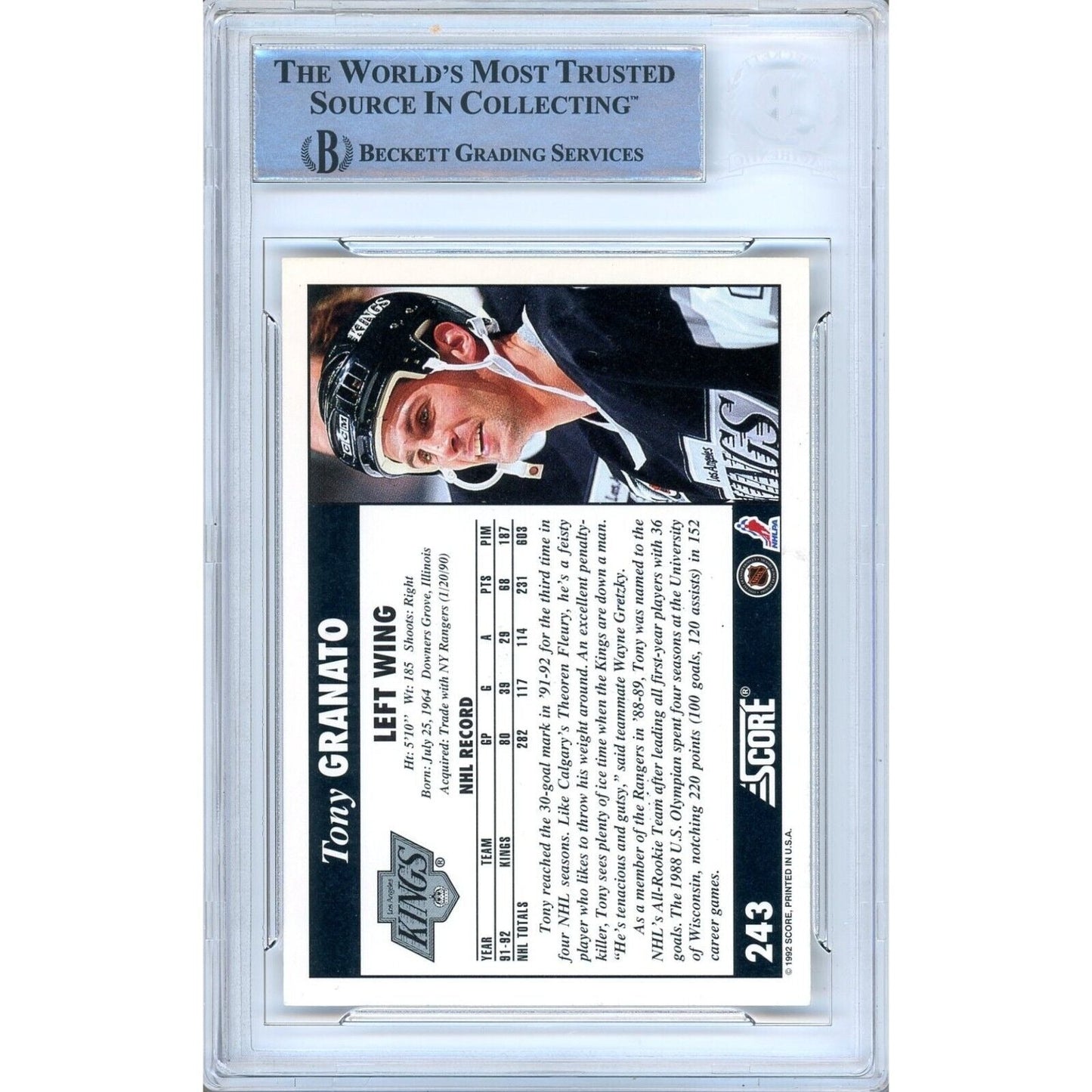 Tony Granato Los Angeles Kings Signed 1992-93 Score Hockey Card Beckett Auth Auto Slab