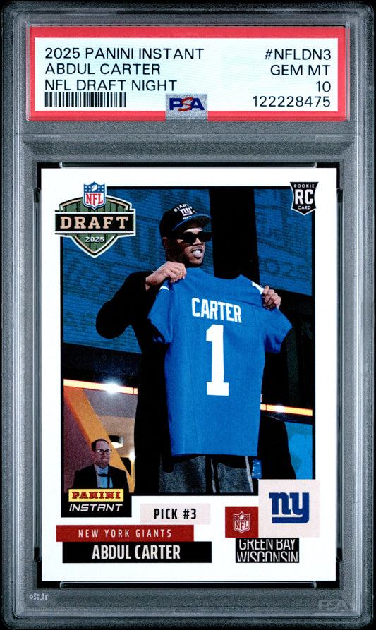 Graded 2025 Panini Instant Abdul Carter #NFLDN3 NFL Draft Night Rookie RC Football Card PSA 10 Gem Mint