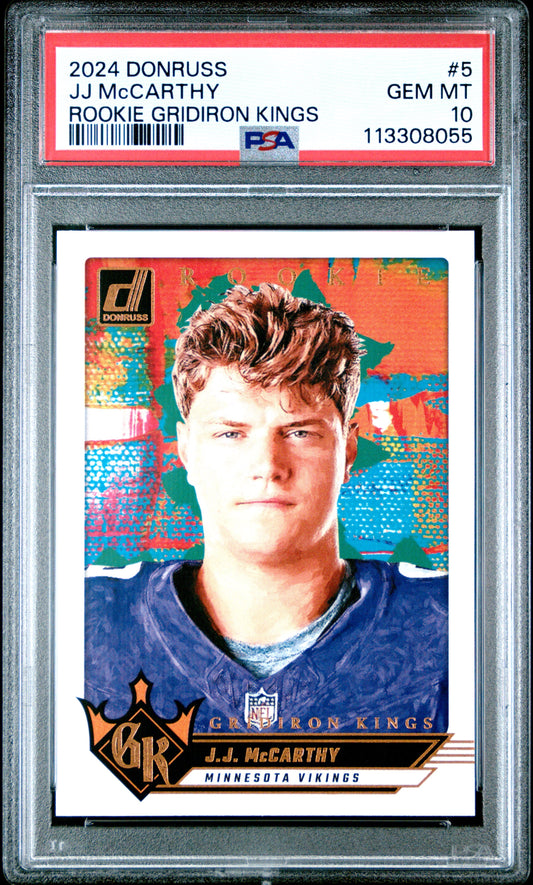 Graded 2024 Panini Donruss JJ McCarthy #5 Rookie Gridiron Kings Rookie RC Football Card PSA 10 Gem Mint