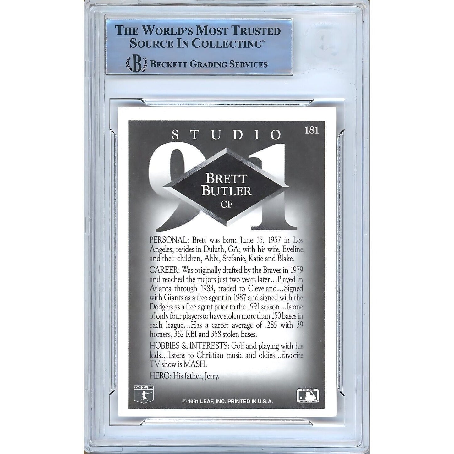 1991 Donruss Studio #181 — Brett Butler LA Dodgers Autographed Trading Card — Beckett Authentication