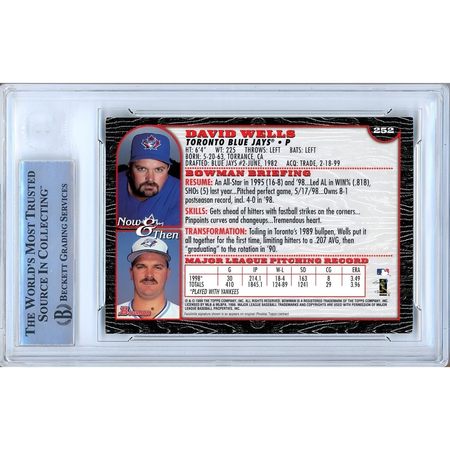 1999 Bowman #252 — David Wells Toronto Blue Jays Autographed Trading Card — Beckett Authentication