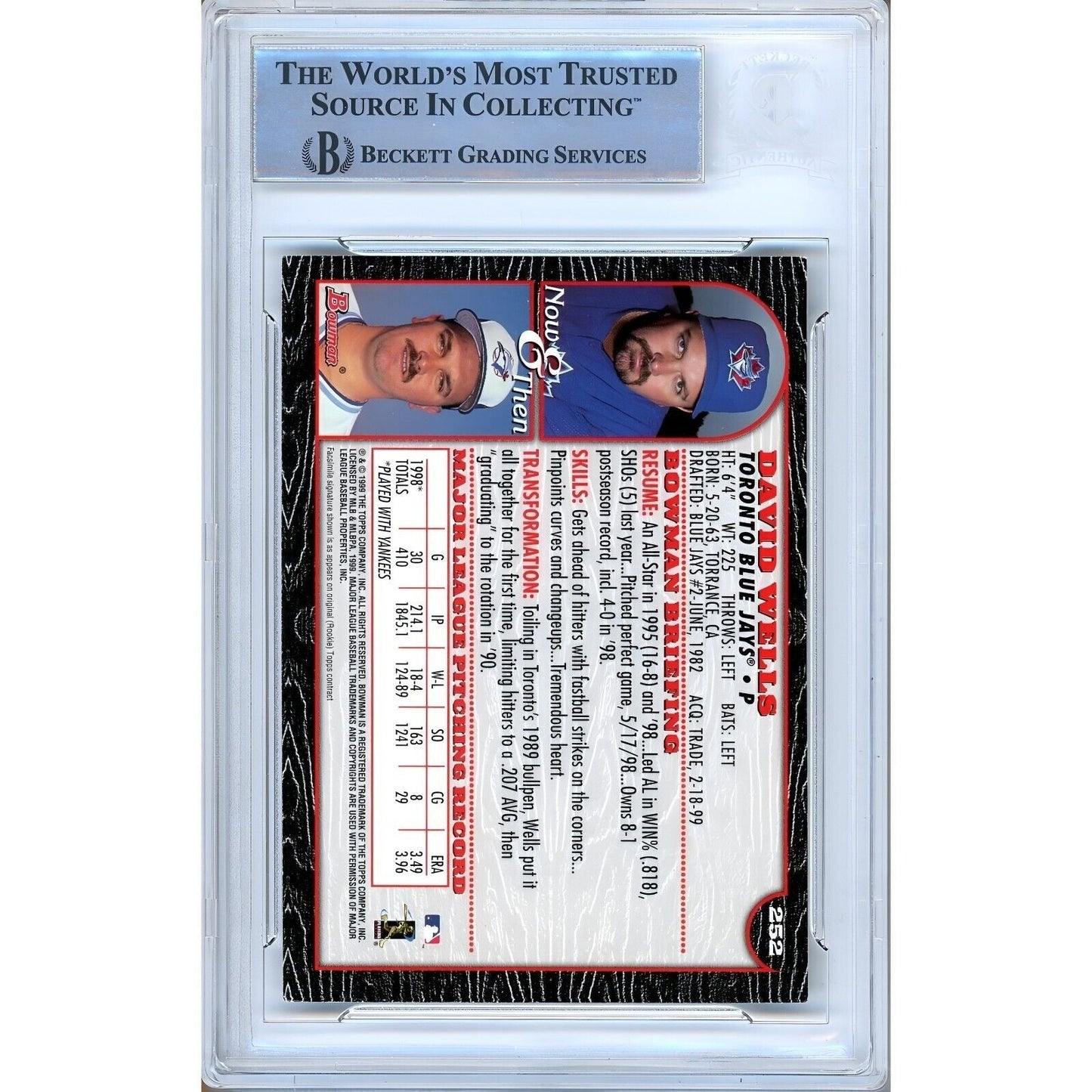 1999 Bowman #252 — David Wells Toronto Blue Jays Autographed Trading Card — Beckett Authentication