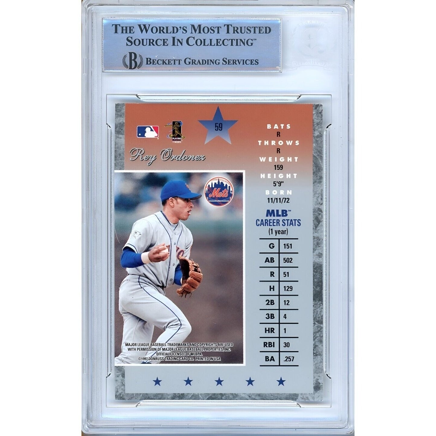 Rey Ordonez New York Mets Signed 1997 Donruss Elite Baseball Card Beckett Auth Auto Slab