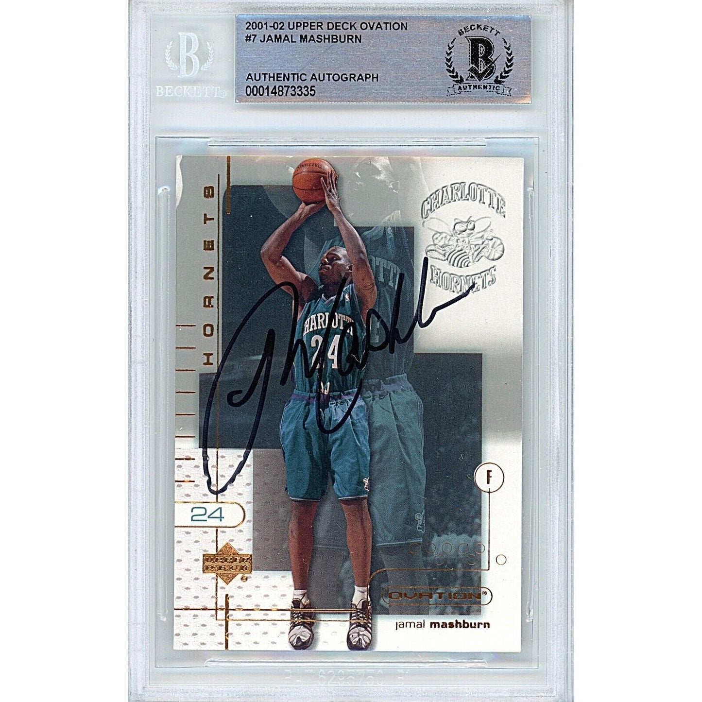 2001-02 Upper Deck Ovation #7 — Jamal Mashburn Charlotte Hornets Autographed Trading Card — Beckett Authentication