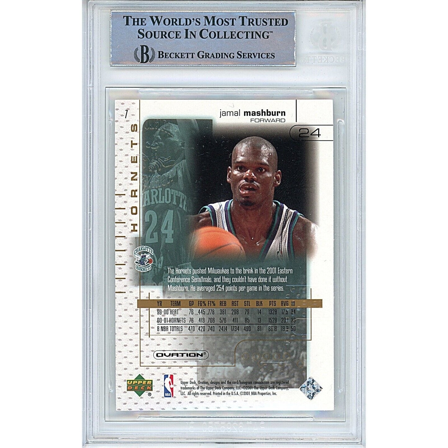 2001-02 Upper Deck Ovation #7 — Jamal Mashburn Charlotte Hornets Autographed Trading Card — Beckett Authentication