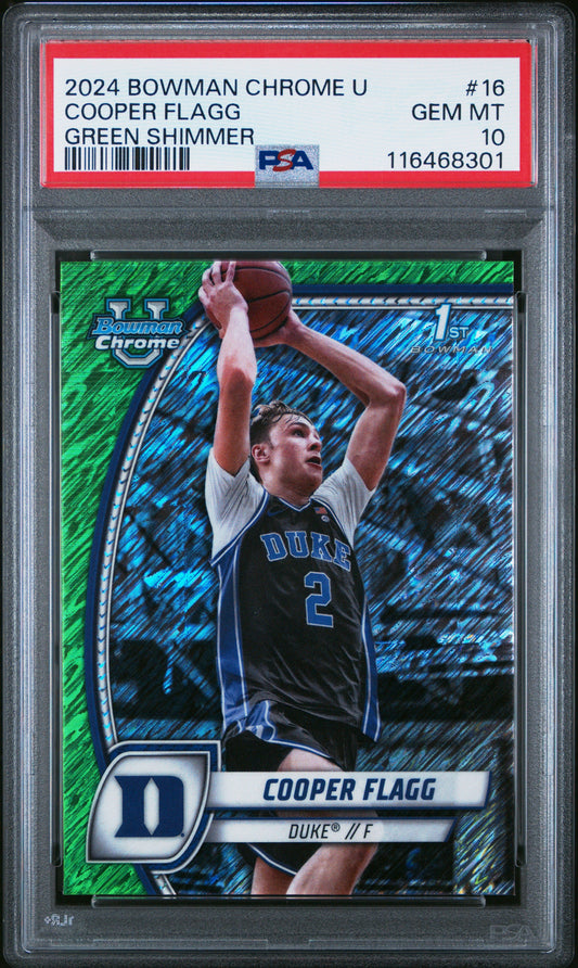 Graded 2024 Topps Bowman Chrome U Cooper Flagg #16 Green Shimmer Rookie RC Basketball Card PSA 10 Gem Mint