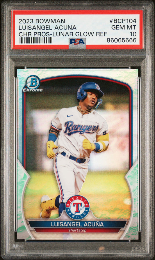 Graded 2023 Topps Bowman Luisangel Acuna #BCP104 Chrome Prospects Lunar Glow Refractor Rookie RC Baseball Card PSA 10 Gem Mint