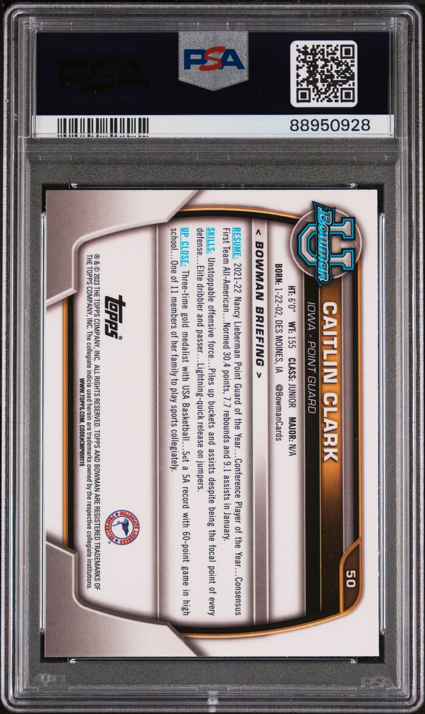 Graded 2022 Topps Bowman University Caitlin Clark #50 Rookie RC Basketball Card PSA 8 Near Mint