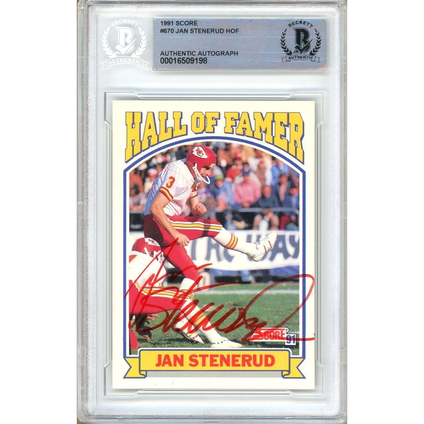 1991 Score #670 — Jan Stenerud Kansas City Chiefs Autographed Trading Card — Beckett Authentication