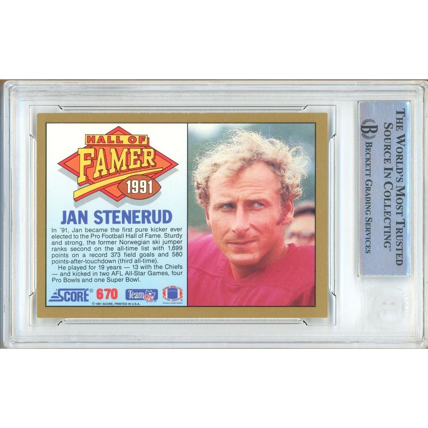 1991 Score #670 — Jan Stenerud Kansas City Chiefs Autographed Trading Card — Beckett Authentication