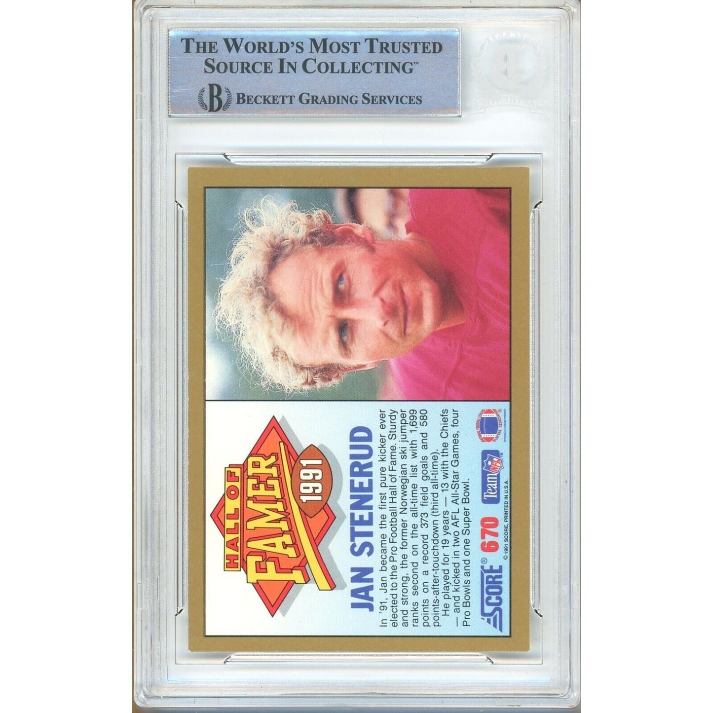 1991 Score #670 — Jan Stenerud Kansas City Chiefs Autographed Trading Card — Beckett Authentication