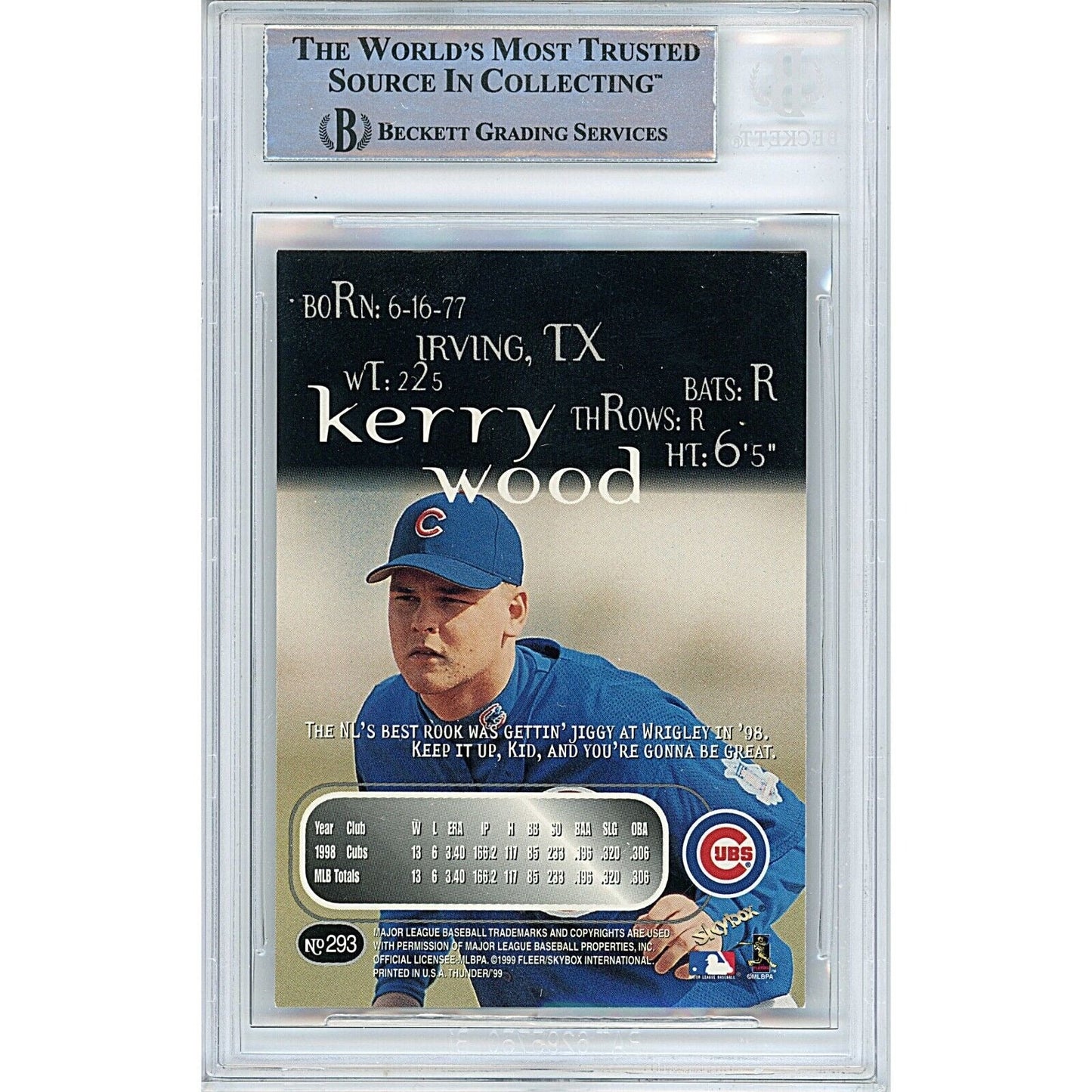 1999 SkyBox Thunder #293 — Kerry Wood Chicago Cubs Autographed Trading Card — Beckett Authentication