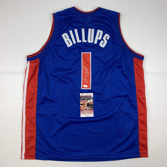 Autographed/Signed Chauncey Billups Detroit Blue Basketball Jersey JSA COA - Sport Cards