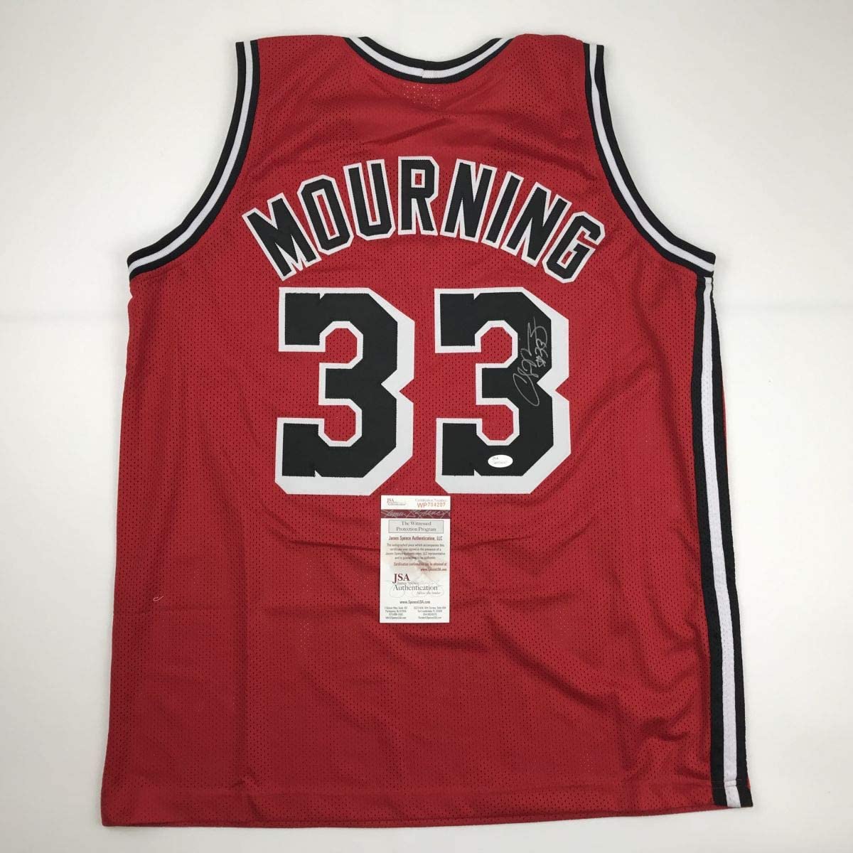 Autographed/Signed Alonzo Mourning Miami Red Basketball Jersey JSA COA - Sport Cards