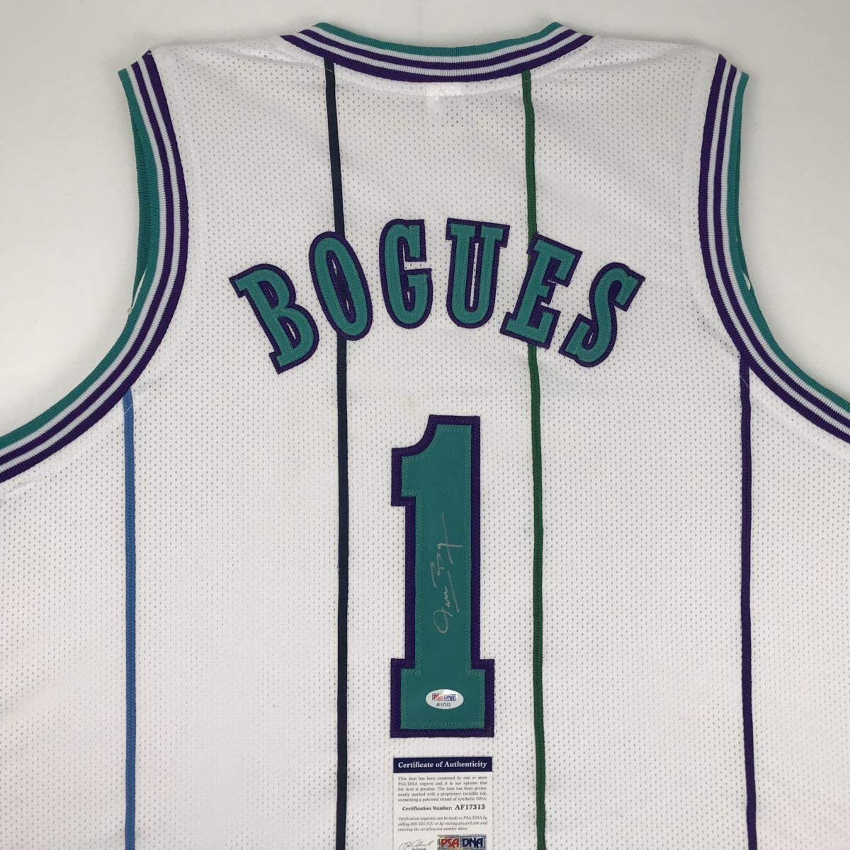 Autographed/Signed Muggsy Bogues Charlotte White Basketball Jersey PSA/DNA COA - Sport Cards