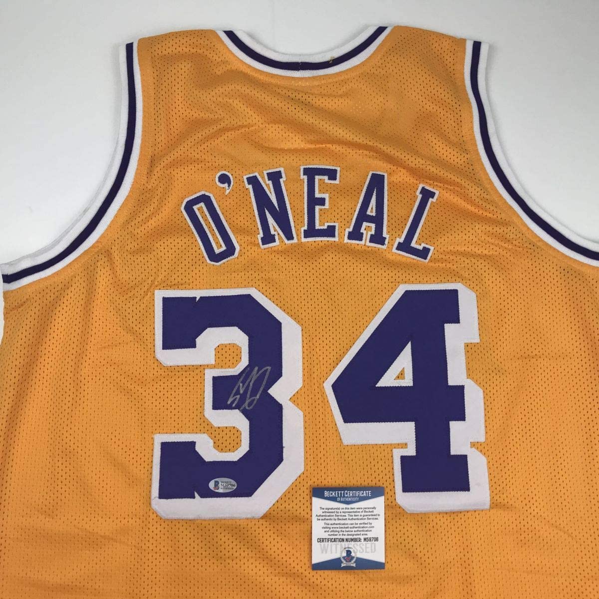 Autographed/Signed Shaquille Shaq O'Neal Los Angeles LA Yellow Basketball Jersey Beckett BAS COA - Sport Cards