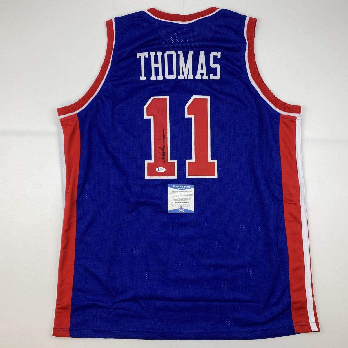 Autographed/Signed Isiah Thomas Detroit Blue Basketball Jersey Beckett BAS COA - Sport Cards