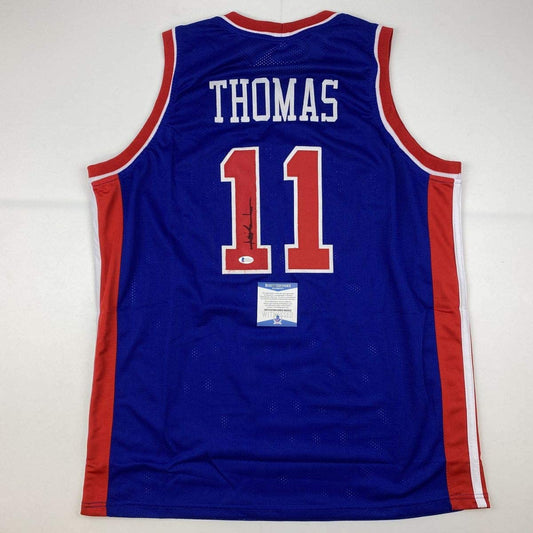 Autographed/Signed Isiah Thomas Detroit Blue Basketball Jersey Beckett BAS COA - Sport Cards