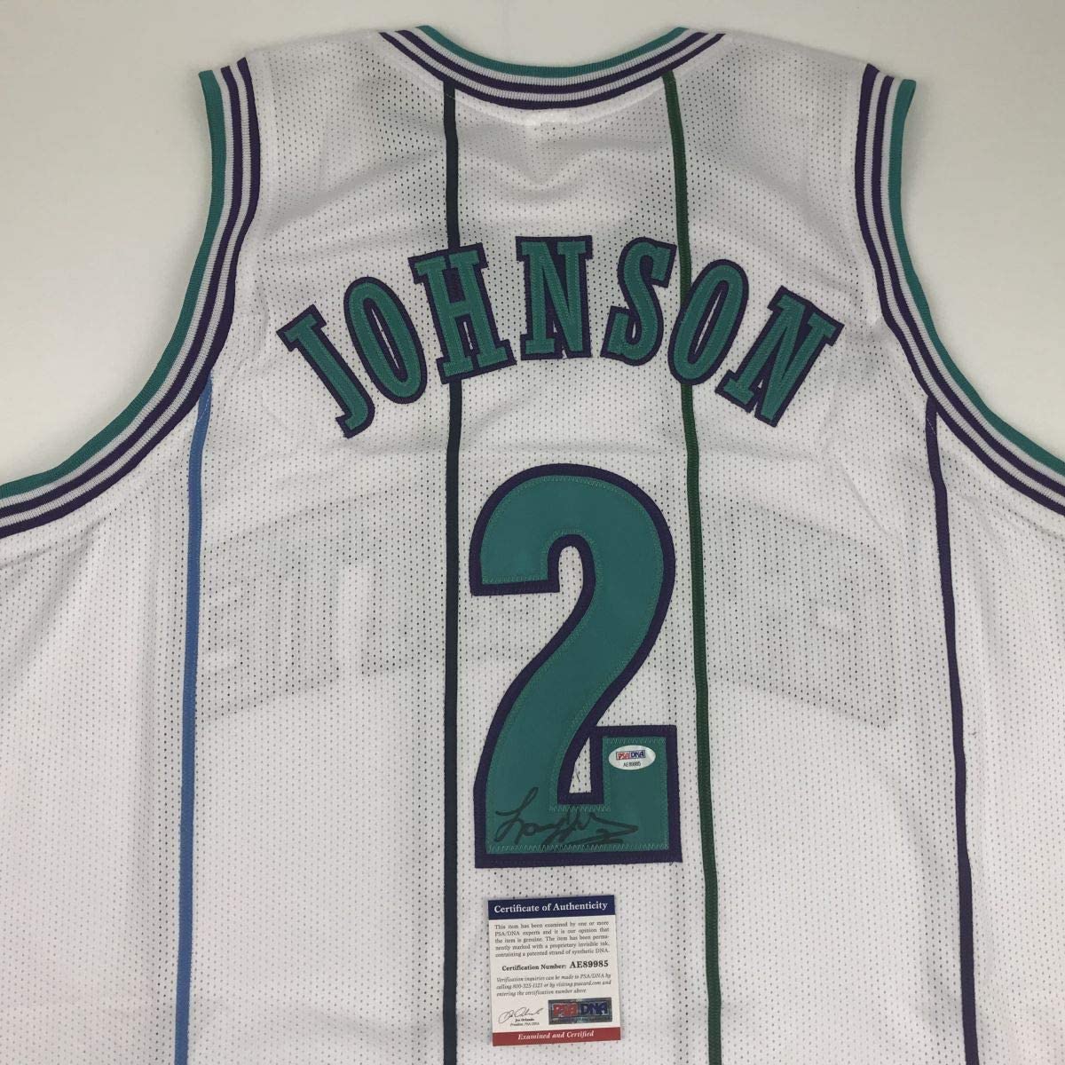 Autographed/Signed Larry Johnson Charlotte White Basketball Jersey PSA/DNA COA - Sport Cards