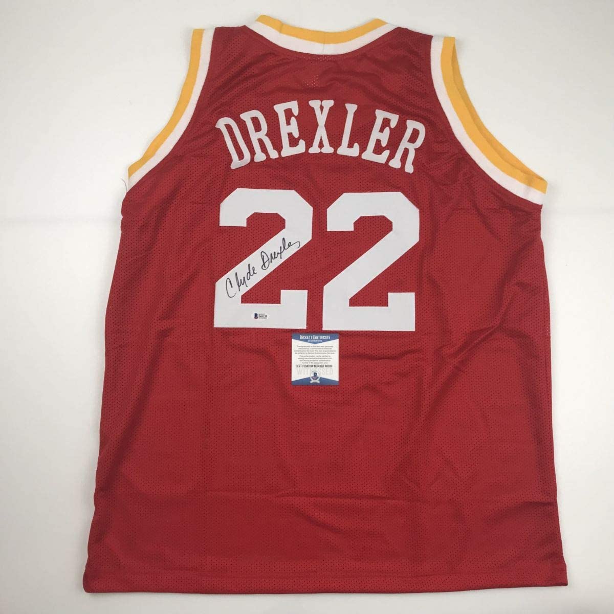 Autographed/Signed Clyde Drexler Houston Red Basketball Jersey Beckett BAS COA - Sport Cards