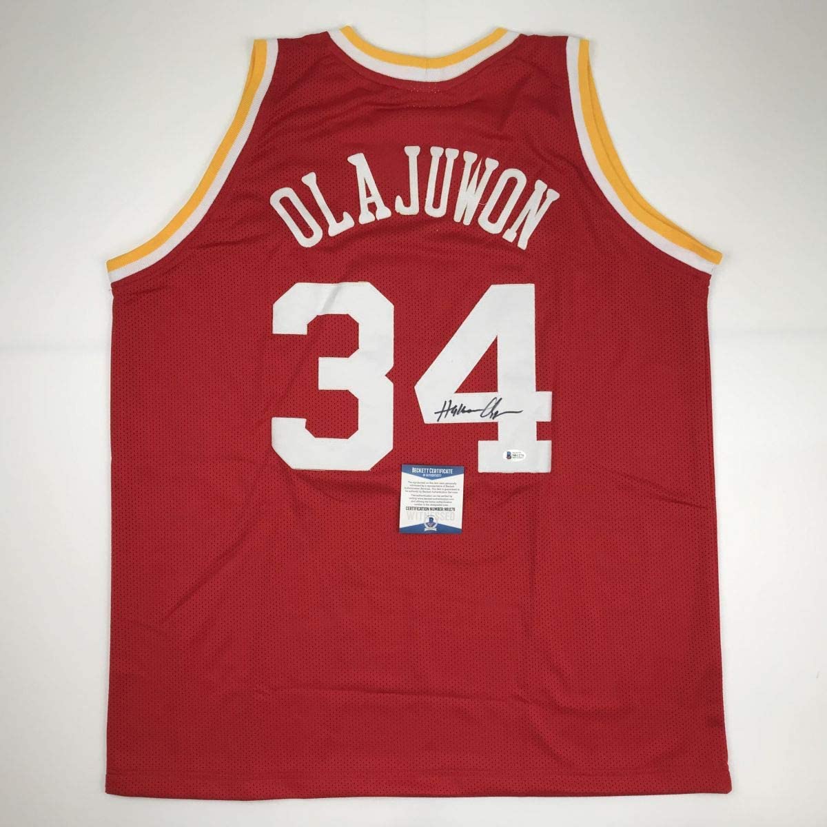 Autographed/Signed Hakeem Olajuwon Houston Red Basketball Jersey Beckett BAS COA - Sport Cards