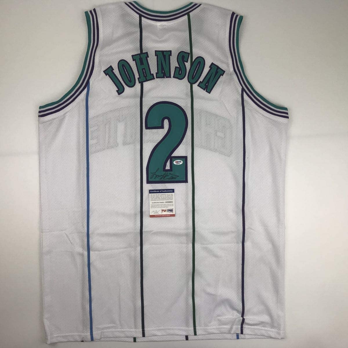 Autographed/Signed Larry Johnson Charlotte White Basketball Jersey PSA/DNA COA - Sport Cards