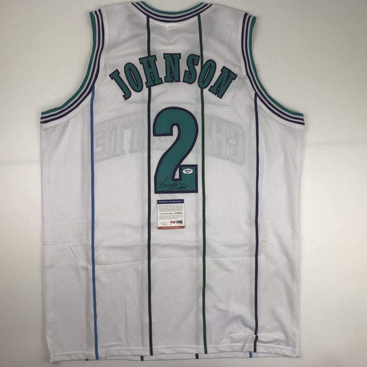 Autographed/Signed Larry Johnson Charlotte White Basketball Jersey PSA/DNA COA - Sport Cards