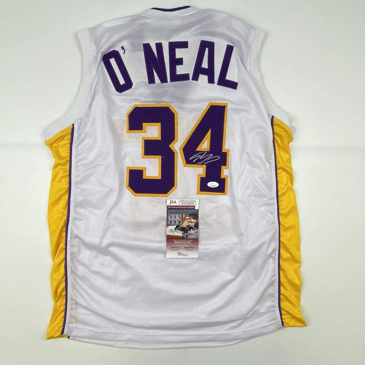 Autographed/Signed Shaquille Shaq O'Neal Los Angeles LA White Basketball Jersey JSA COA - Sport Cards