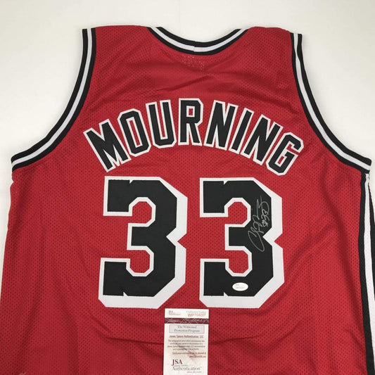 Autographed/Signed Alonzo Mourning Miami Red Basketball Jersey JSA COA - Sport Cards