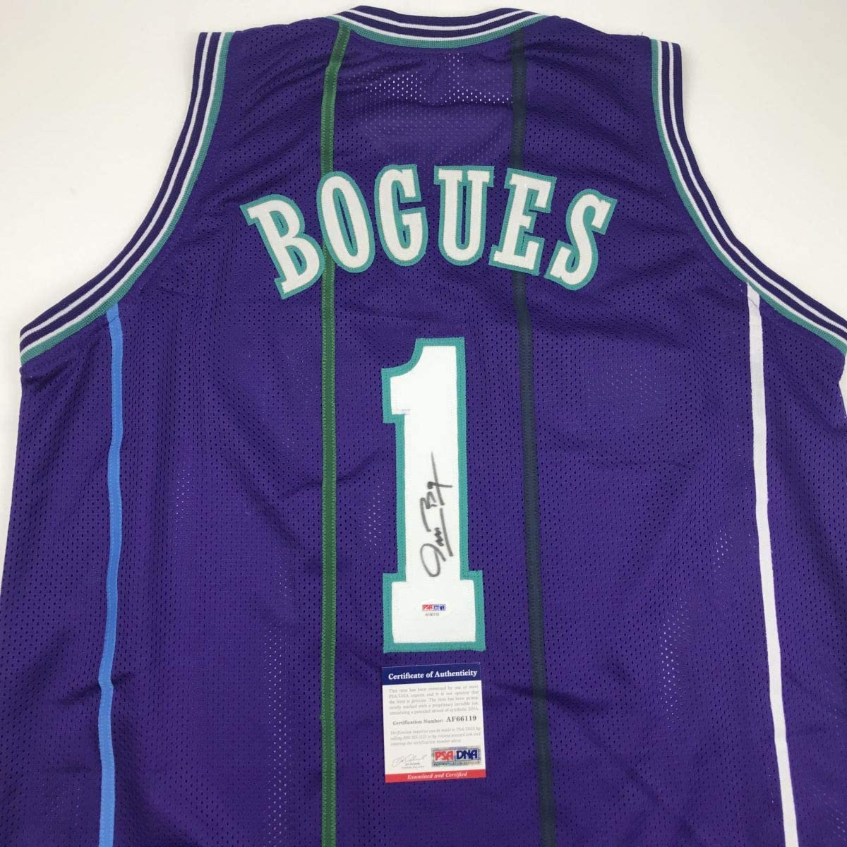 Autographed/Signed Muggsy Bogues Charlotte Purple Basketball Jersey PSA/DNA COA - Sport Cards