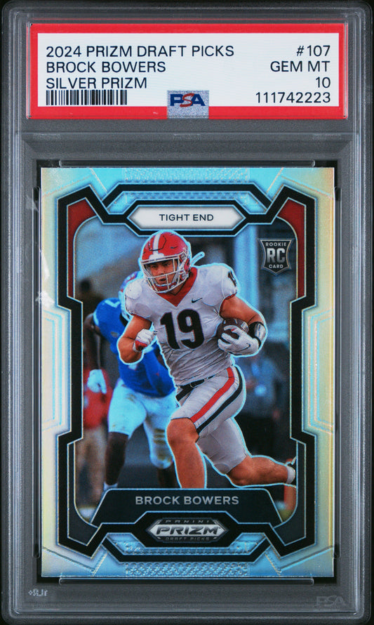 Graded 2024 Panini Prizm Draft Picks Brock Bowers #107 Silver Prizm Rookie RC Football Card PSA 10 Gem Mint