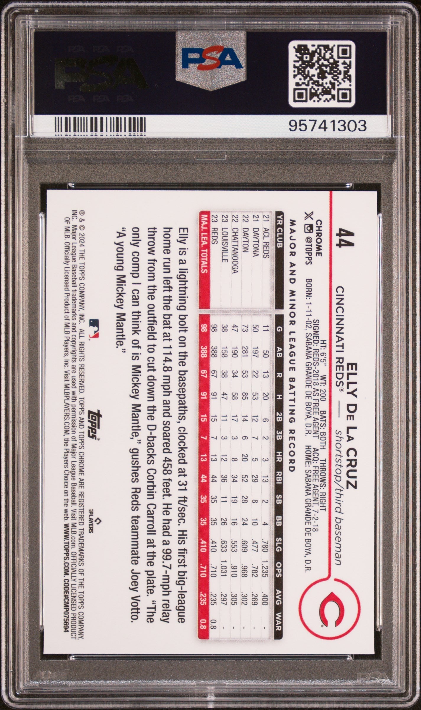 Graded 2024 Topps Chrome Elly De La Cruz #44 Rookie RC Baseball Card PSA 10 Gem Mint