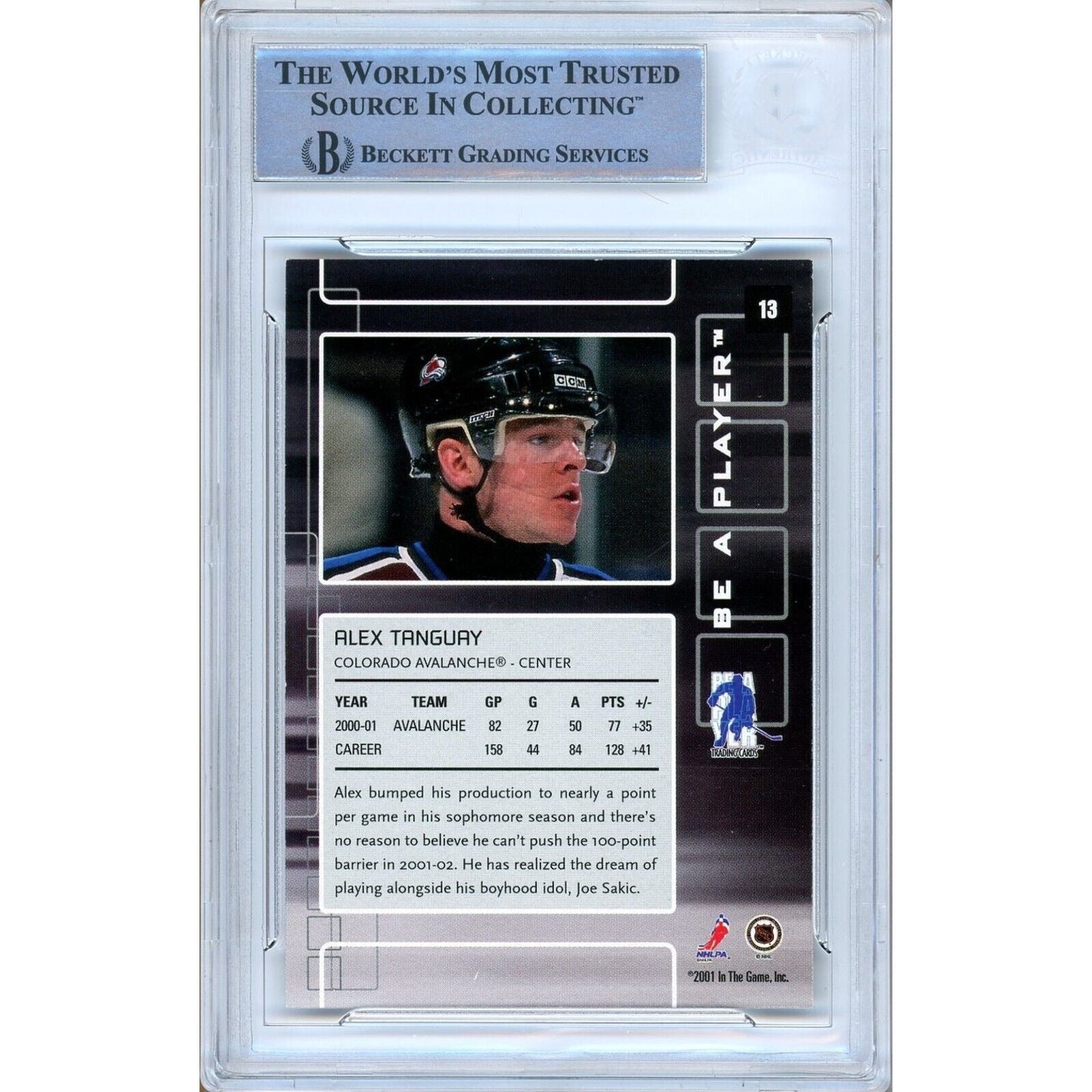 2001-02 BAP Be A Player #13 — Alex Tanguay Colorado Avalanche Autographed Trading Card — Beckett Authentication