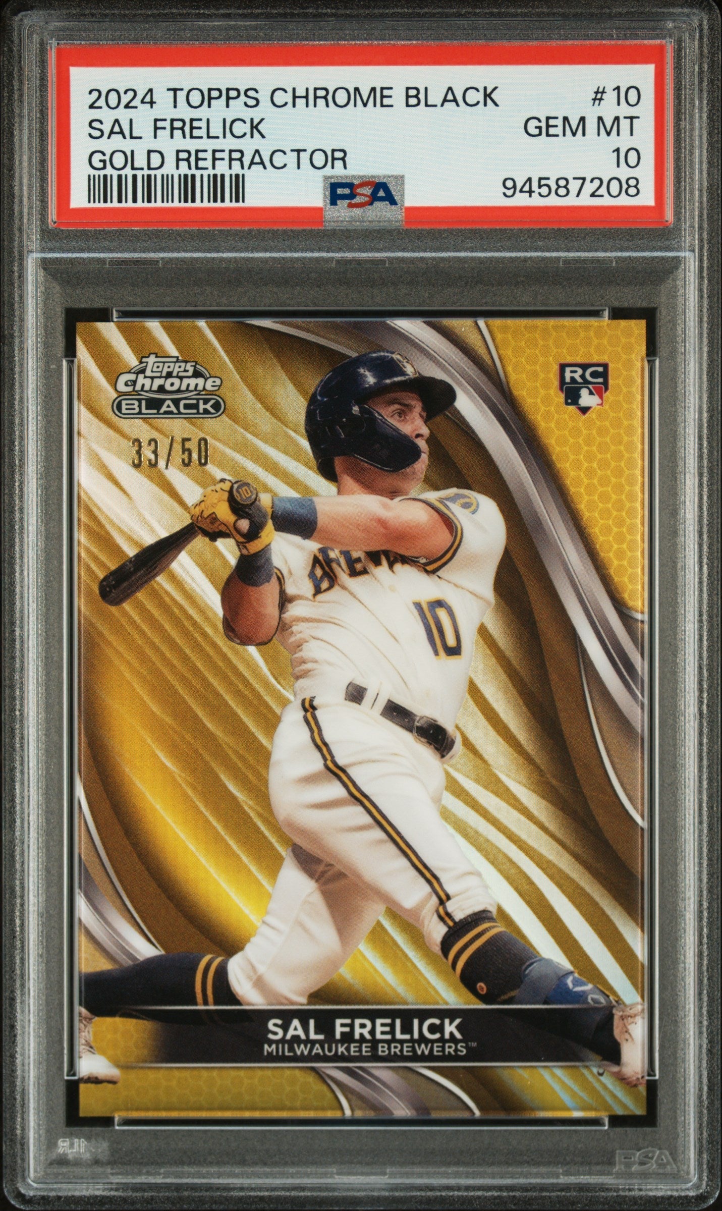 Graded 2024 Topps Chrome Black Sal Frelick #10 Gold Refractor #/50 Rookie RC Baseball Card PSA 10 Gem Mint