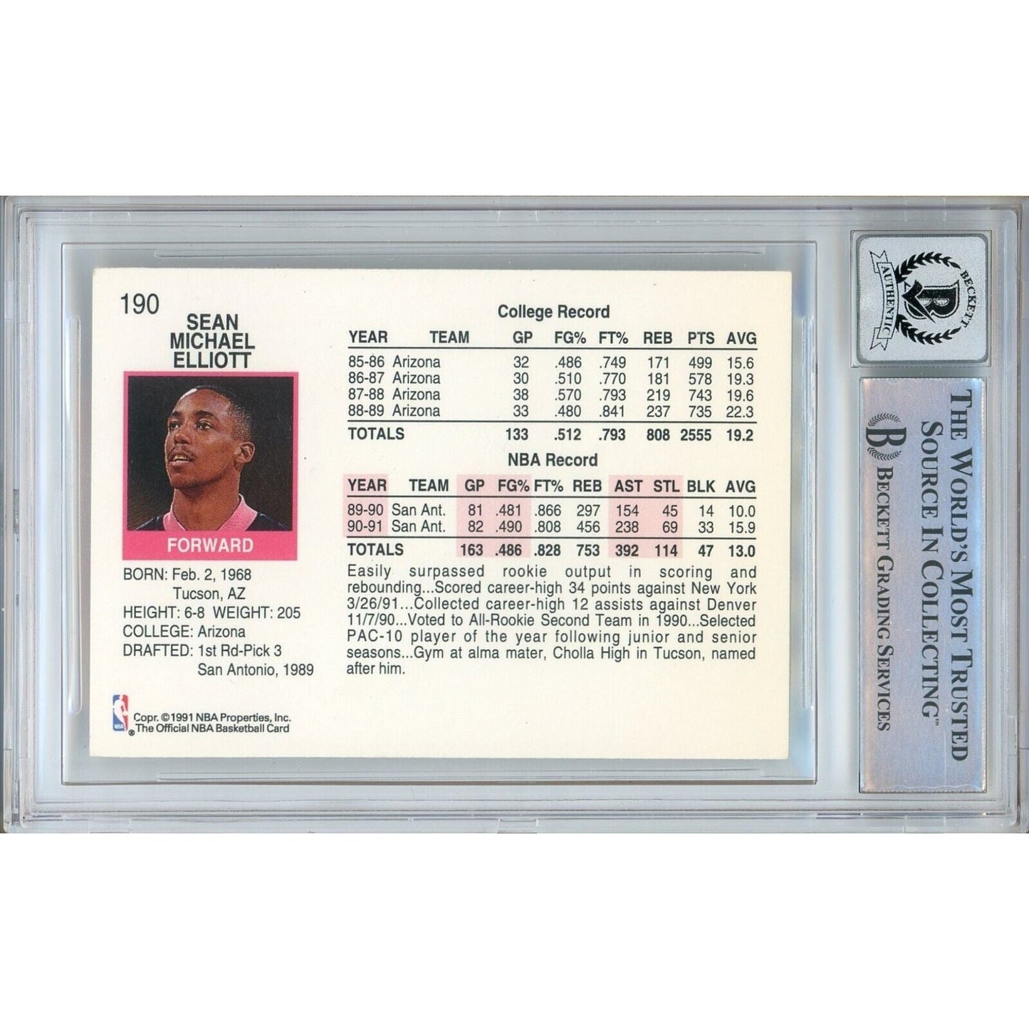 Sean Elliott San Antonio Spurs Signed 1991-92 NBA Hoops Card BGS Auto-10 Graded Slab