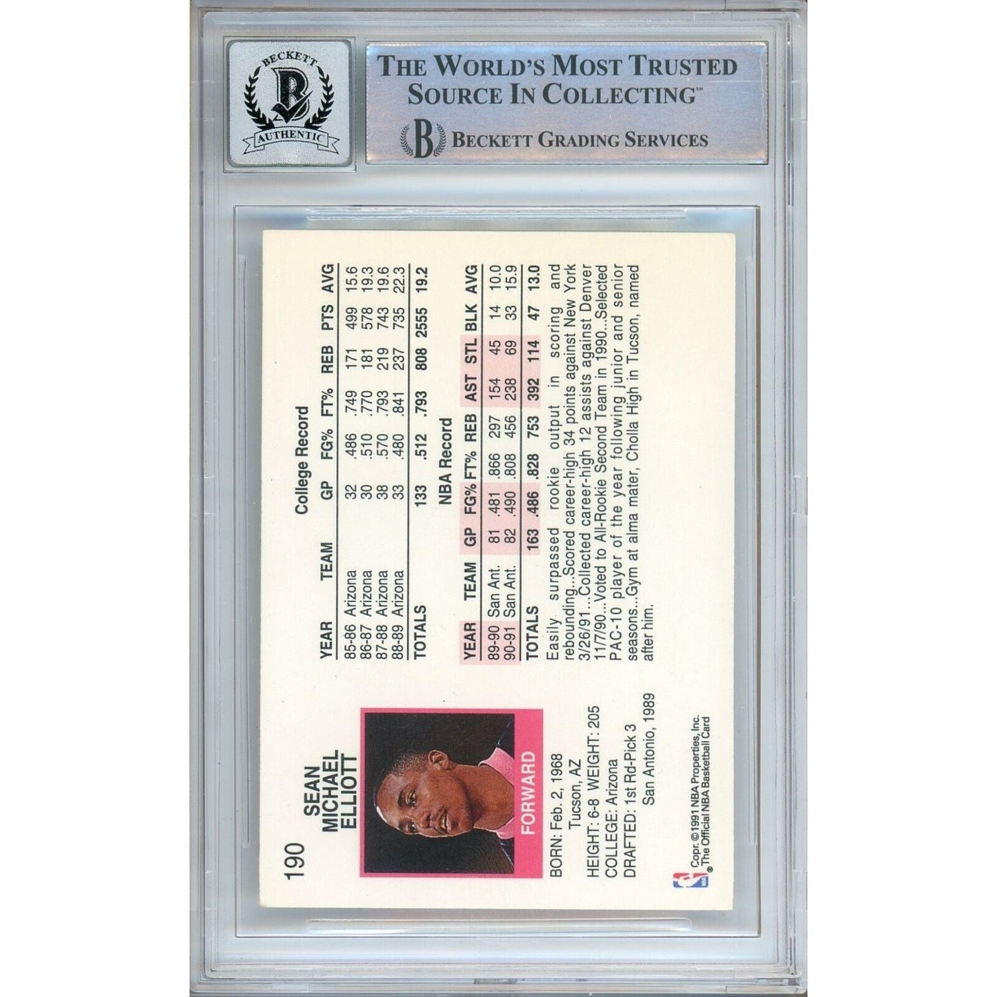 Sean Elliott San Antonio Spurs Signed 1991-92 NBA Hoops Card BGS Auto-10 Graded Slab