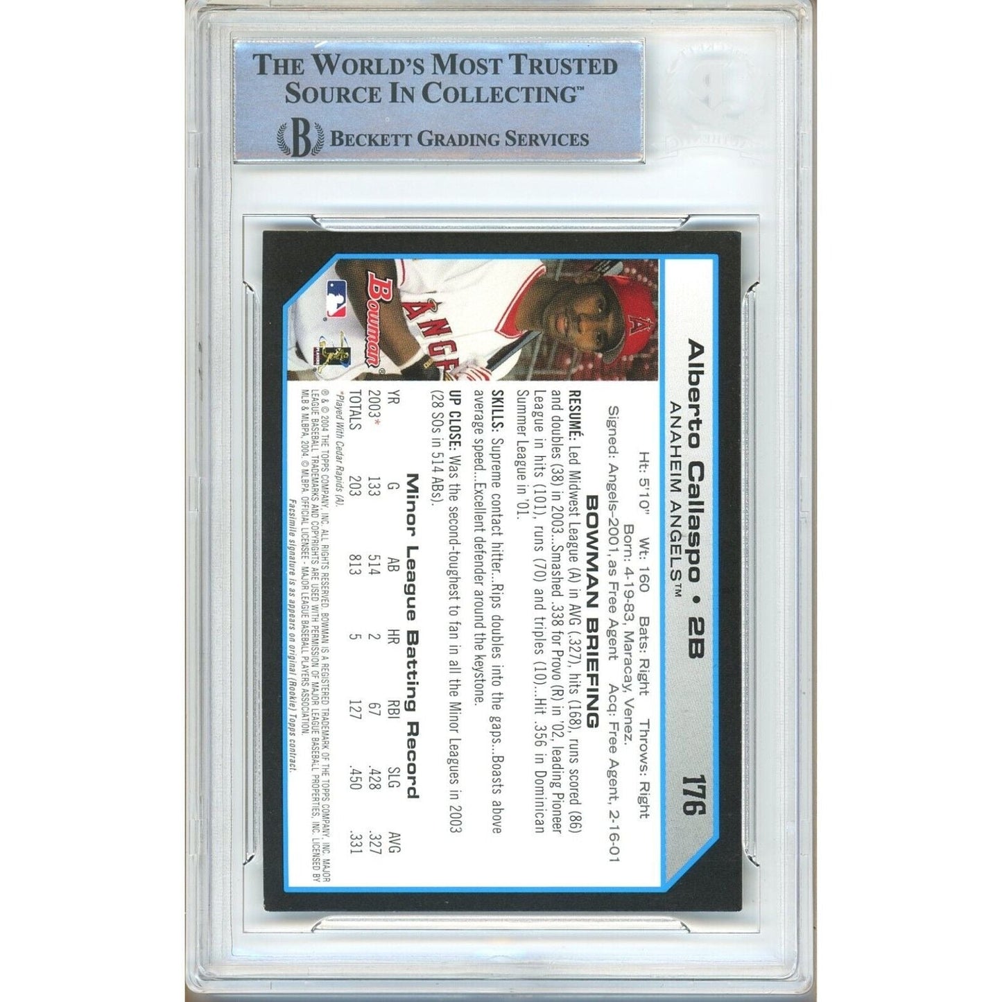 2004 Bowman #176 — Alberto Callaspo Los Angeles Angels Autographed Trading Card — Beckett Authentication