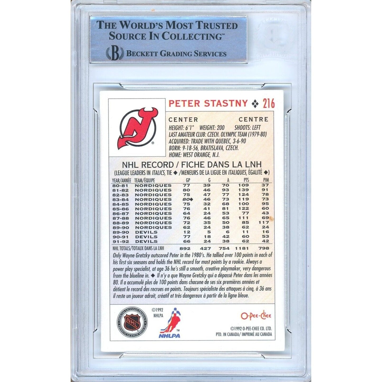 Peter Stastny New Jersey Devils Signed 1992-93 O-Pee-Chee Card Beckett Auth Auto Slab