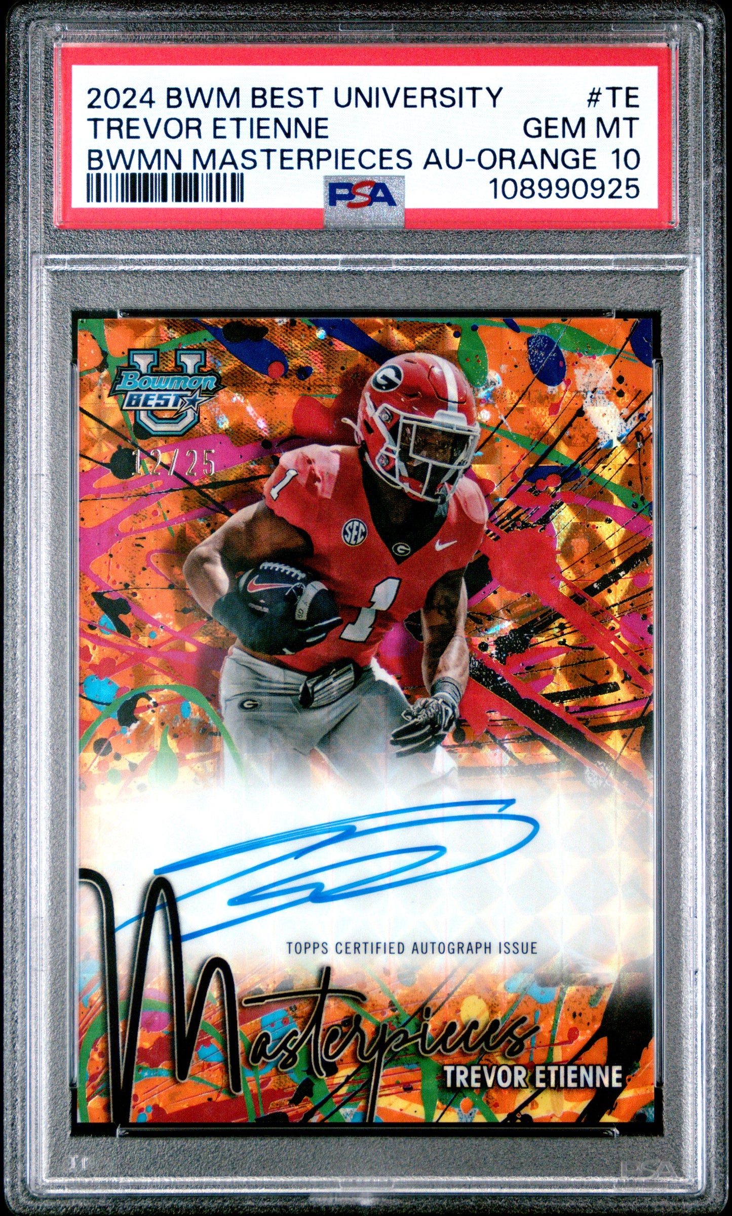 Graded 2024 Topps Bowman Best University Trevor Etienne #TE Bowman Masterpieces Auto Orange /25 Rookie RC Football Card PSA 10 Gem Mint