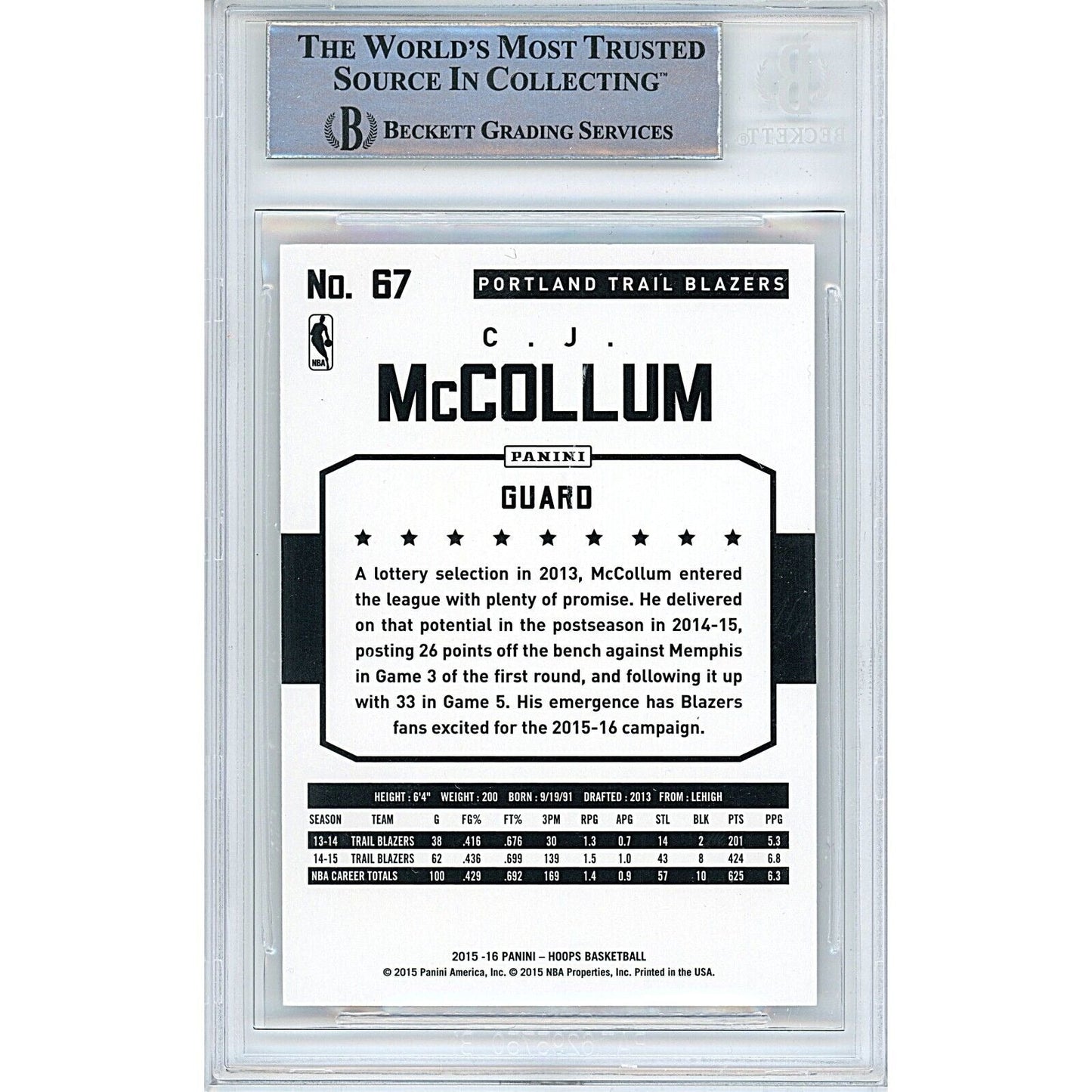 2015-16 Panini NBA Hoops #67 — CJ Mccollum Portland Trail Blazers Autographed Trading Card — Beckett Authentication