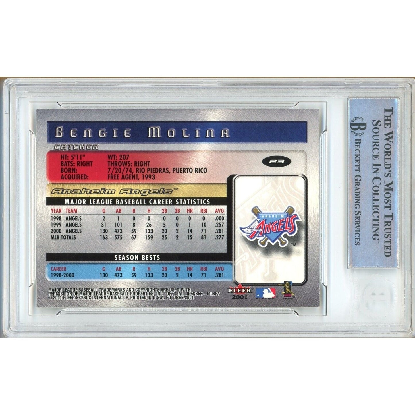 2001 Fleer Futures #23 — Bengie Molina LA Angels Autographed Trading Card — Beckett Authentication