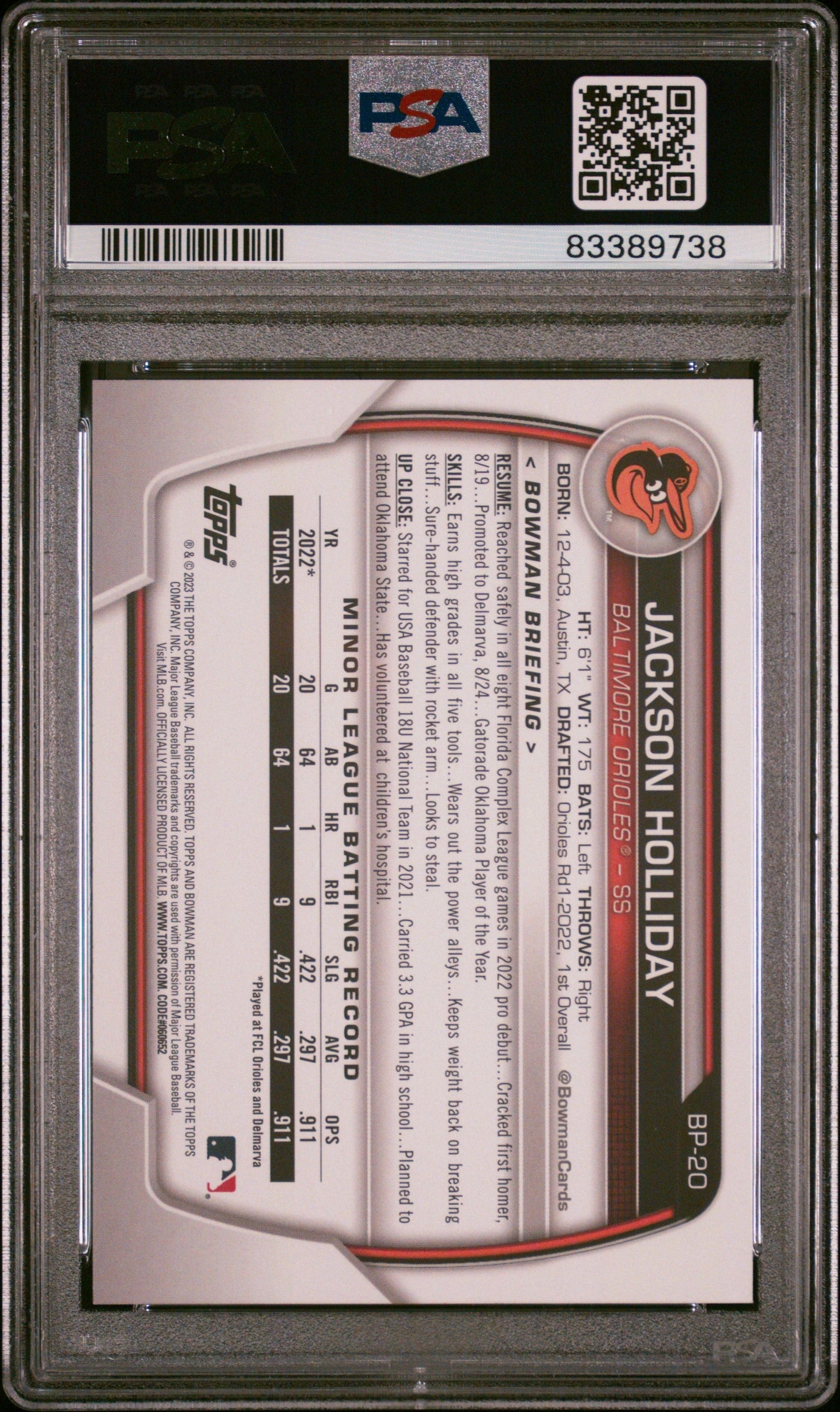 Graded 2023 Topps Bowman Jackson Holliday #BP20 Paper Prospects Rookie RC Baseball Card PSA 10 Gem Mint