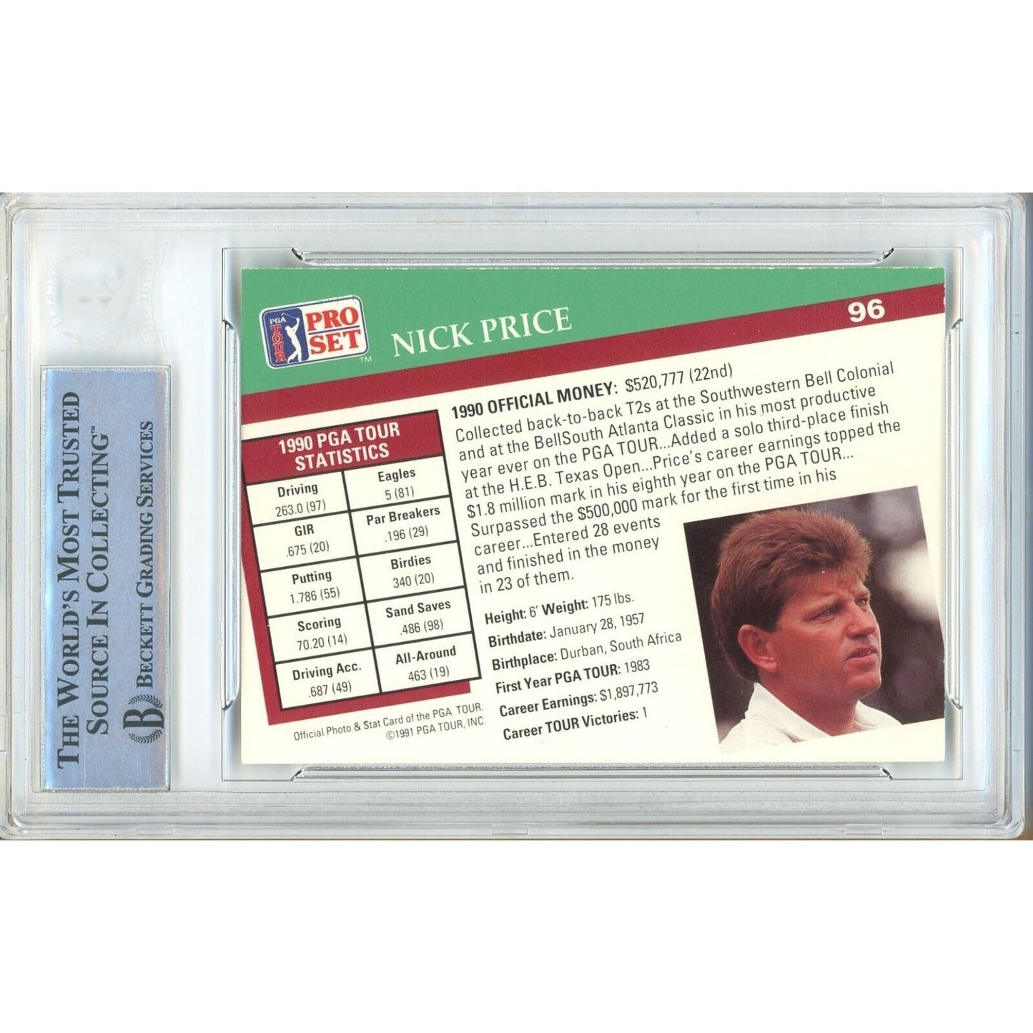 Nick Price Signed 1991 PGA Tour Pro Set Golf Trading Card Beckett Authentic Auto Slab