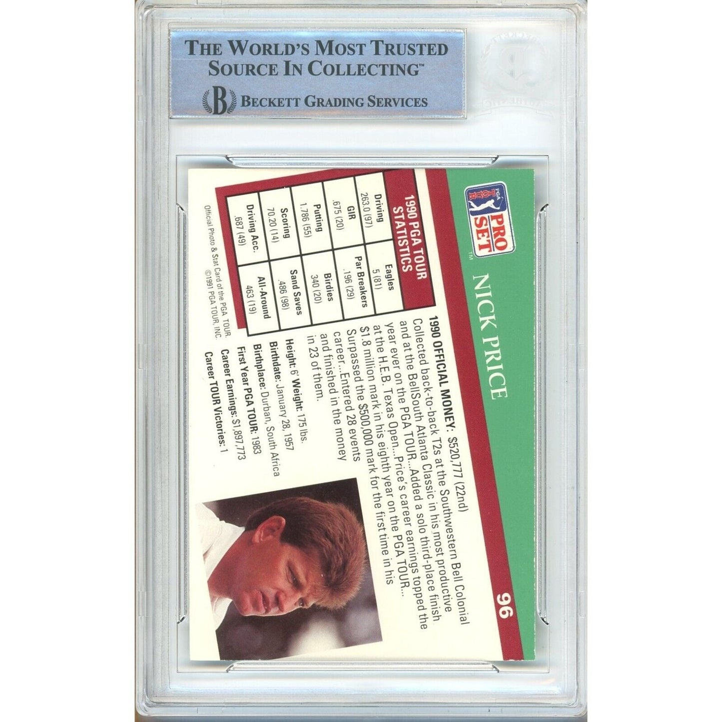 Nick Price Signed 1991 PGA Tour Pro Set Golf Trading Card Beckett Authentic Auto Slab