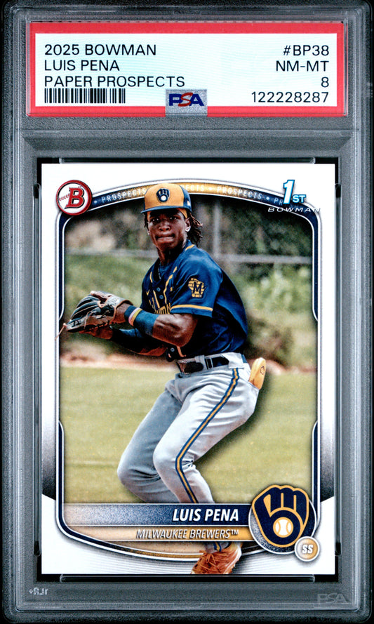 Graded 2025 Topps Bowman Luis Pena #BP38 Paper Prospects Rookie RC Baseball Card PSA 8 Near Mint