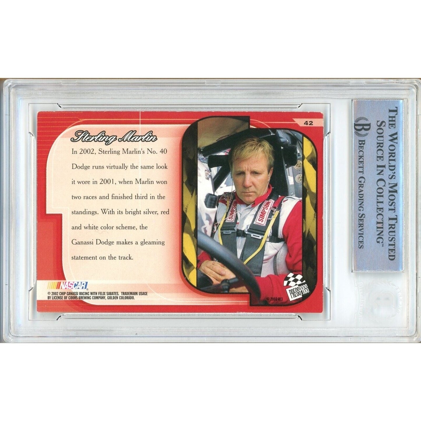 Sterling Marlin Signed 2002 Press Pass Premium Nascar Auto Racing Card Beckett Auth Slab