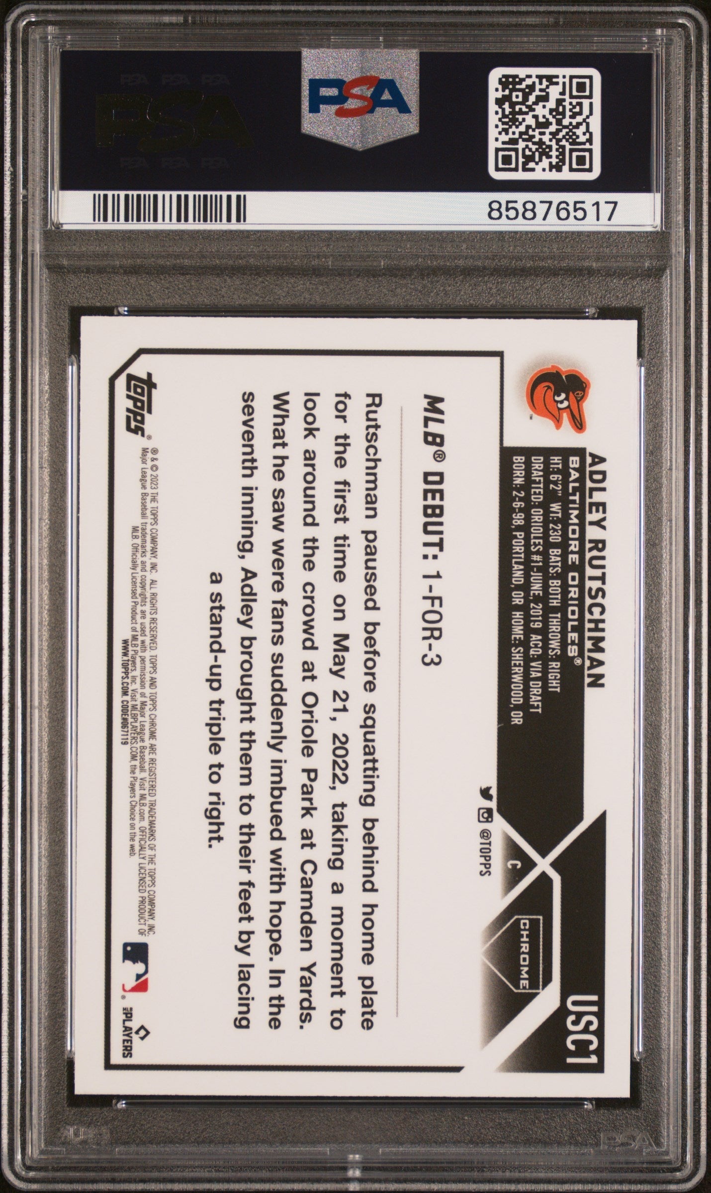 Graded 2023 Topps Chrome Update Adley Rutschman #USC1 Rookie RC Baseball Card PSA 10 Gem Mint