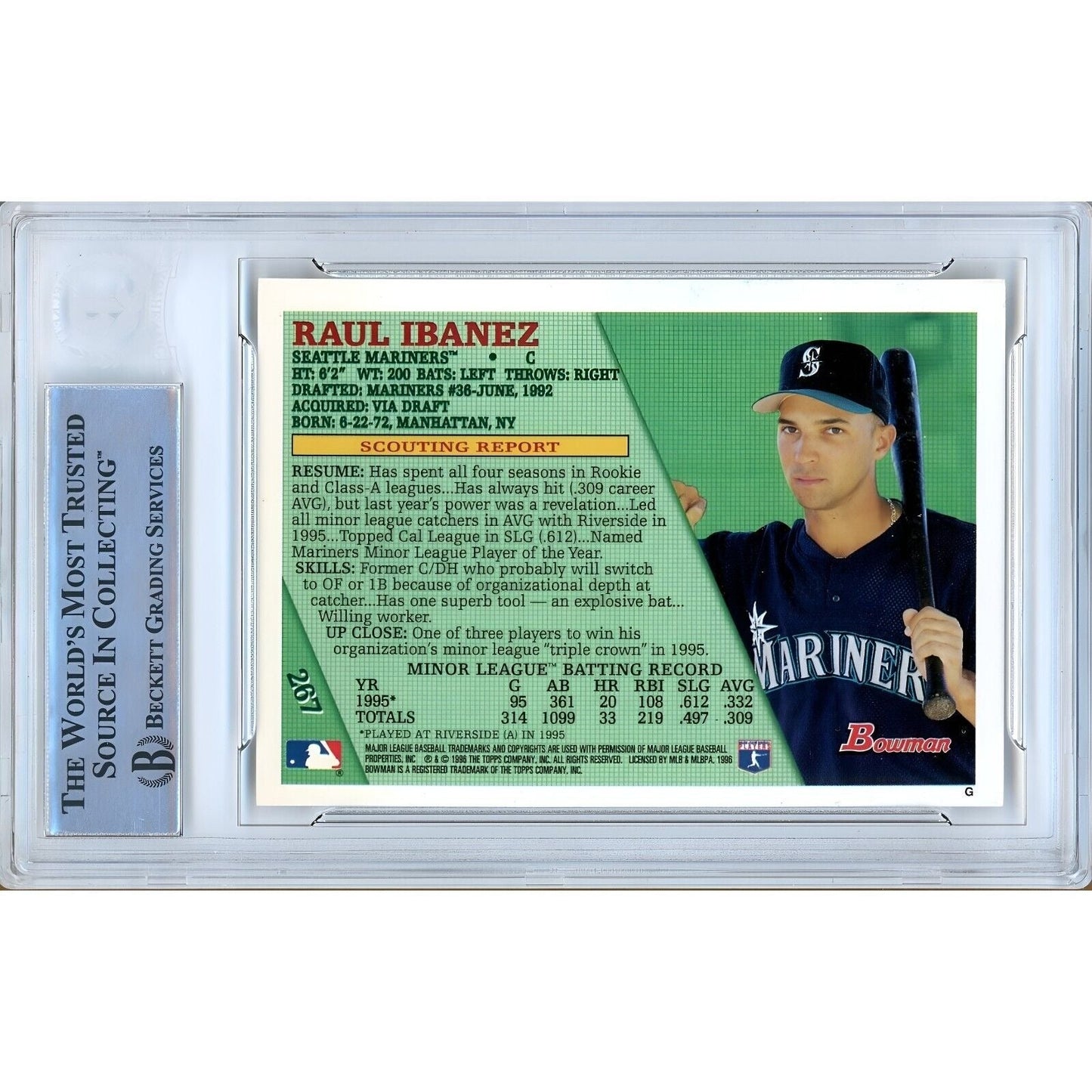 Raul Ibanez Seattle Mariners Signed 1996 Bowman Baseball Card Beckett Authentic Auto Slab